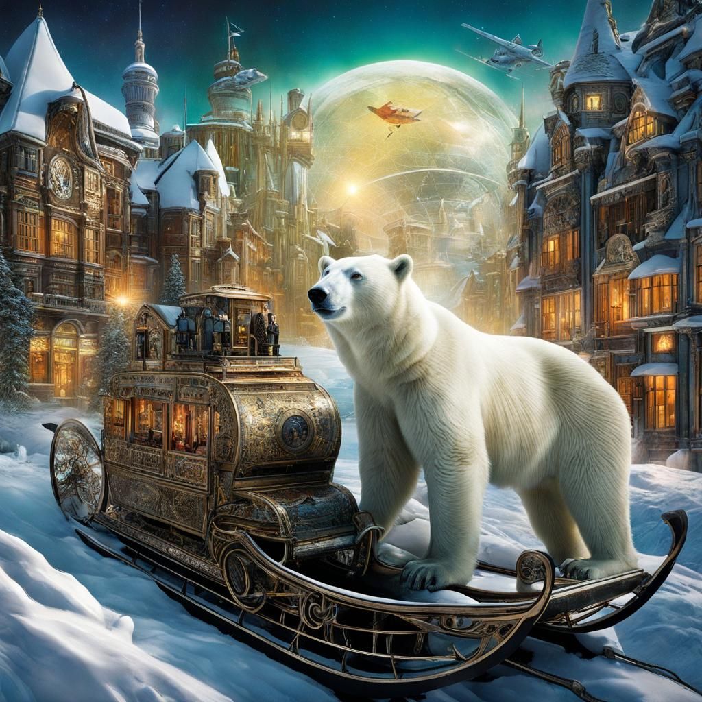 Steampunk Cityscape with Aurora Sky and Polar Bears