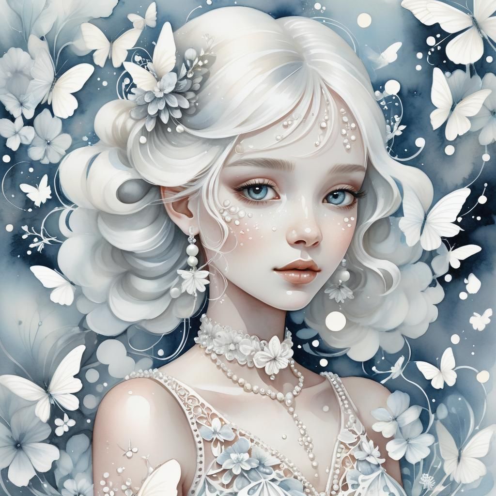 Monochrome Watercolor Portrait of Girl with Butterflies