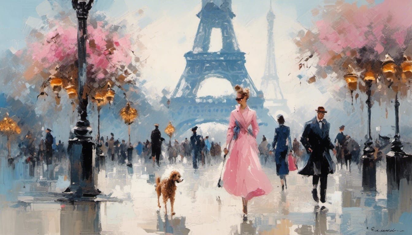 Parisian Fashionista and Poodle near Eiffel Tower