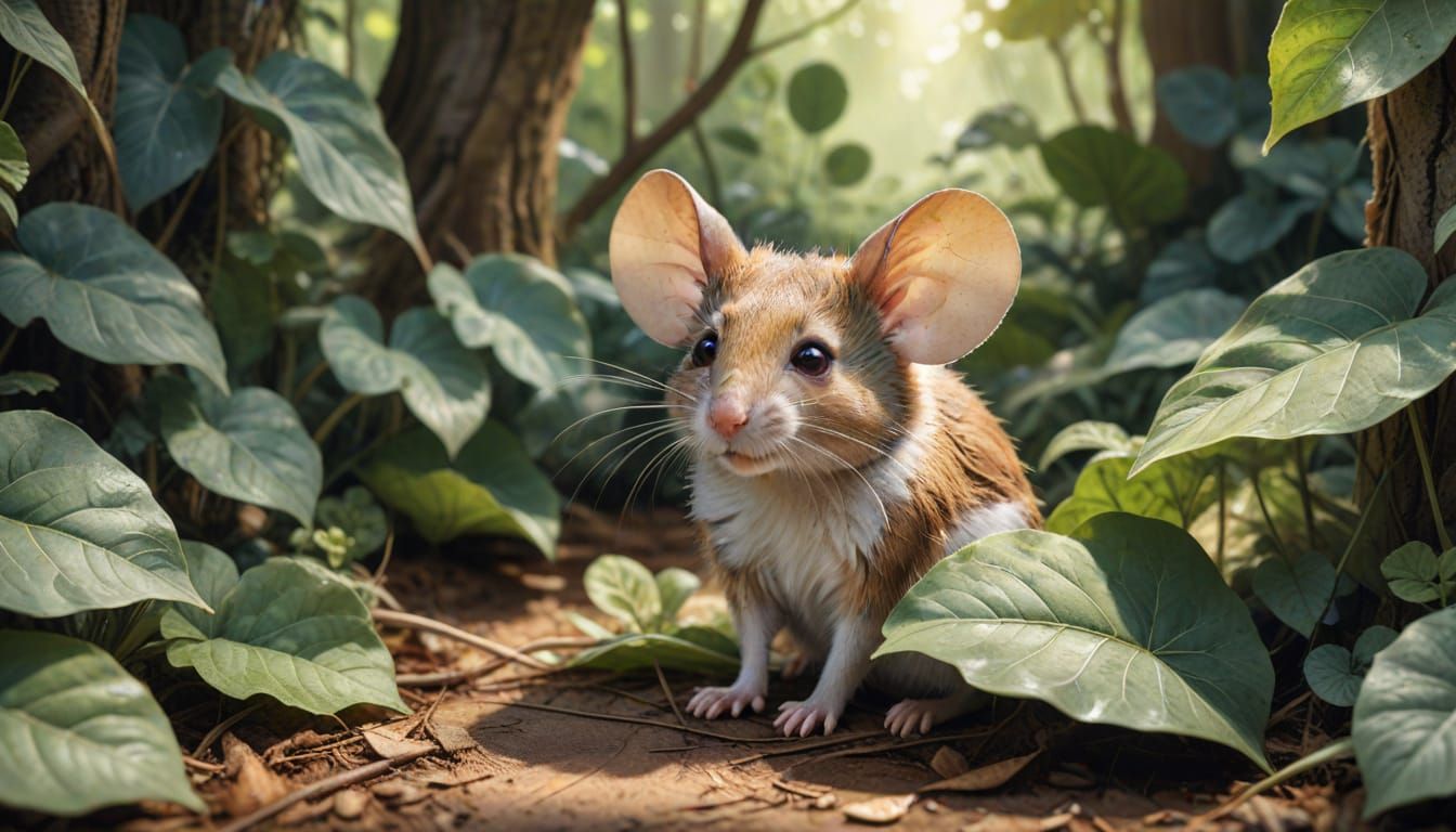Mouse Hiding Under Leaf in Watercolor Style