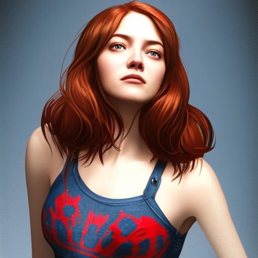 Emma Stone as Mary Jane Watson wearing a red and blue tank top with stylized spider web design