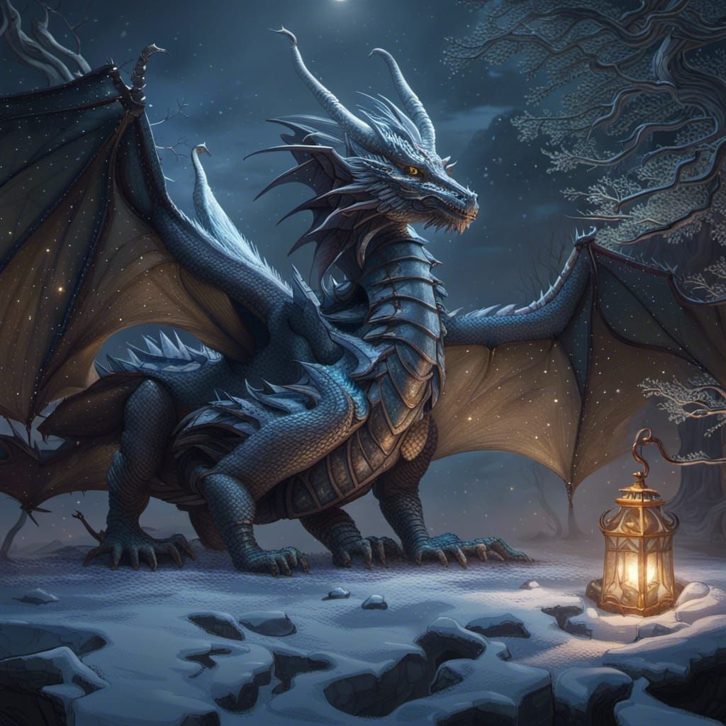 Majestic Dragon in Moonlit Winter Landscape
