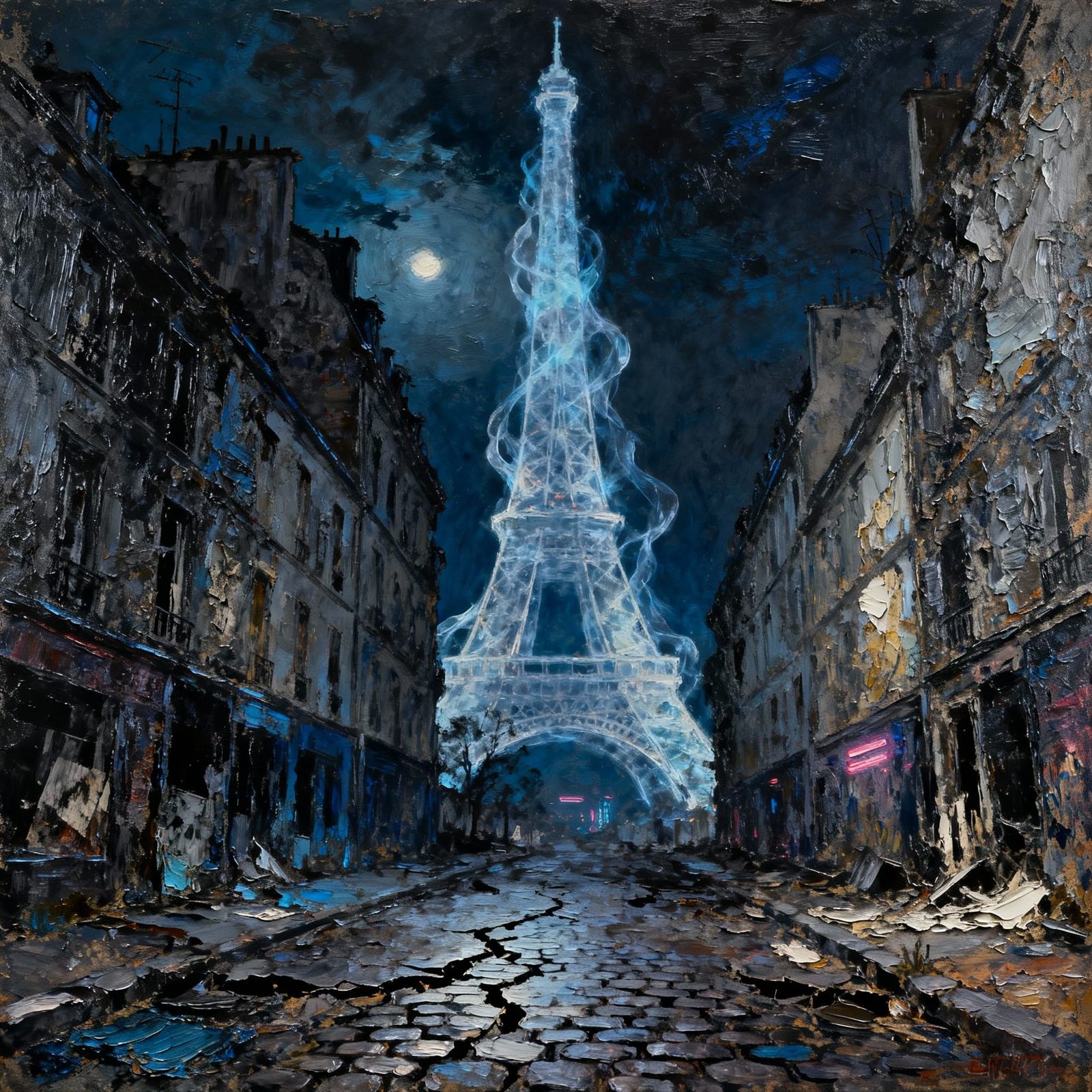 Eiffel Tower Ghost in Expressionist Impasto Painting