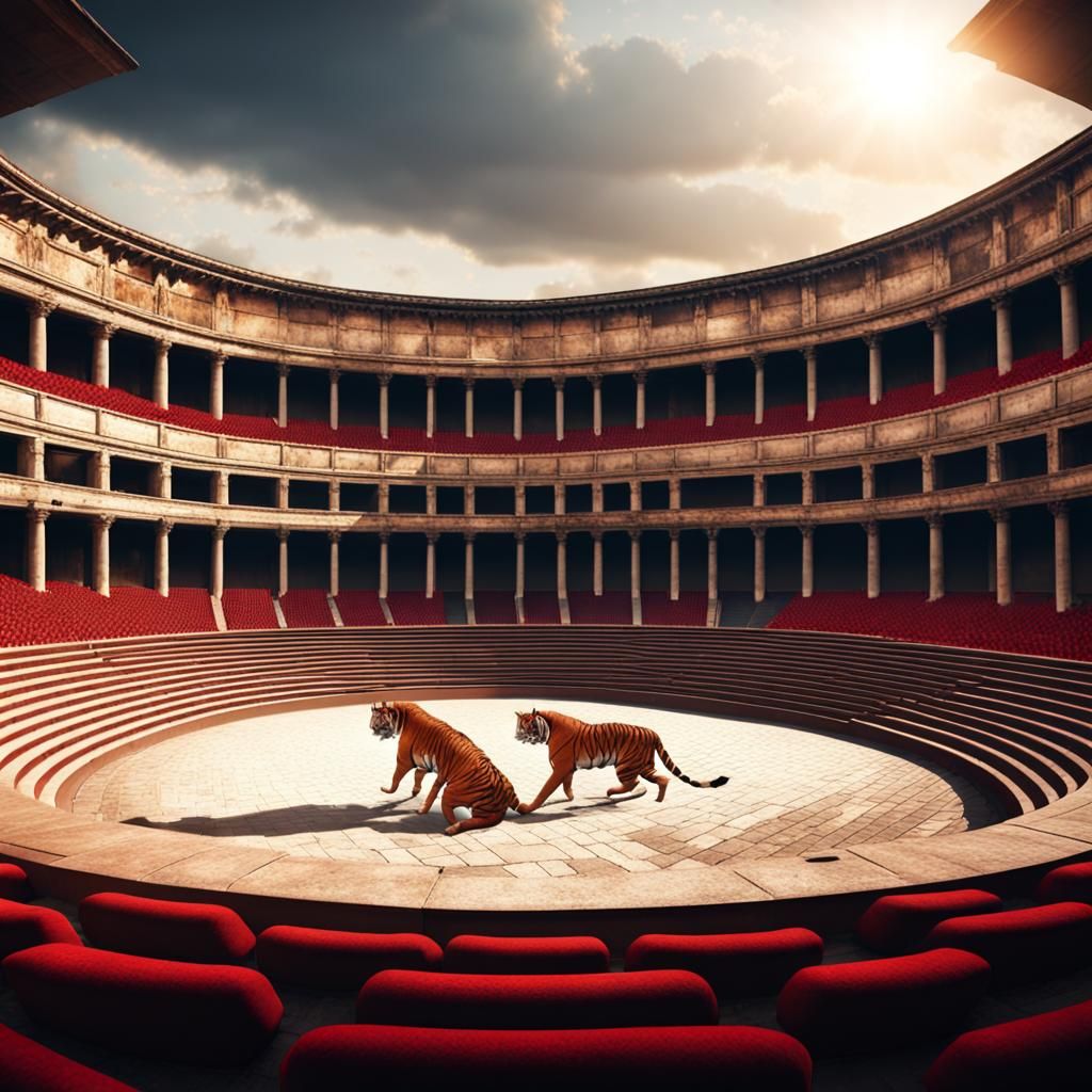 Tiger Fight in Roman Amphitheater, Realistic 4K