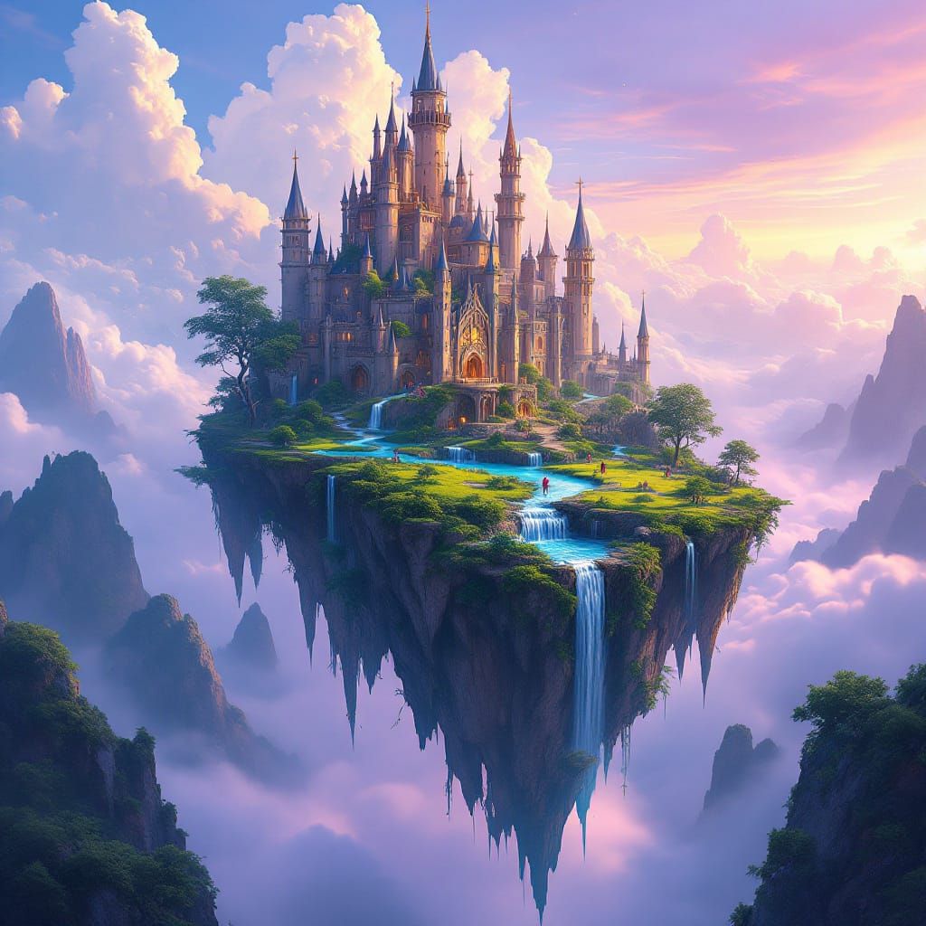 Mystical Floating Island with Waterfalls and Castles