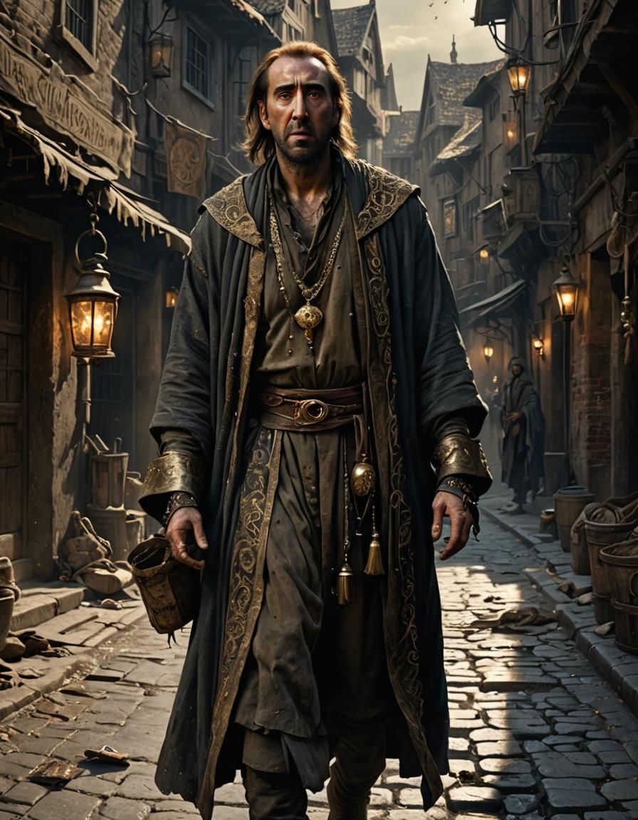 Medieval Nicolas Cage as Beggar, Dutch Master Lighting
