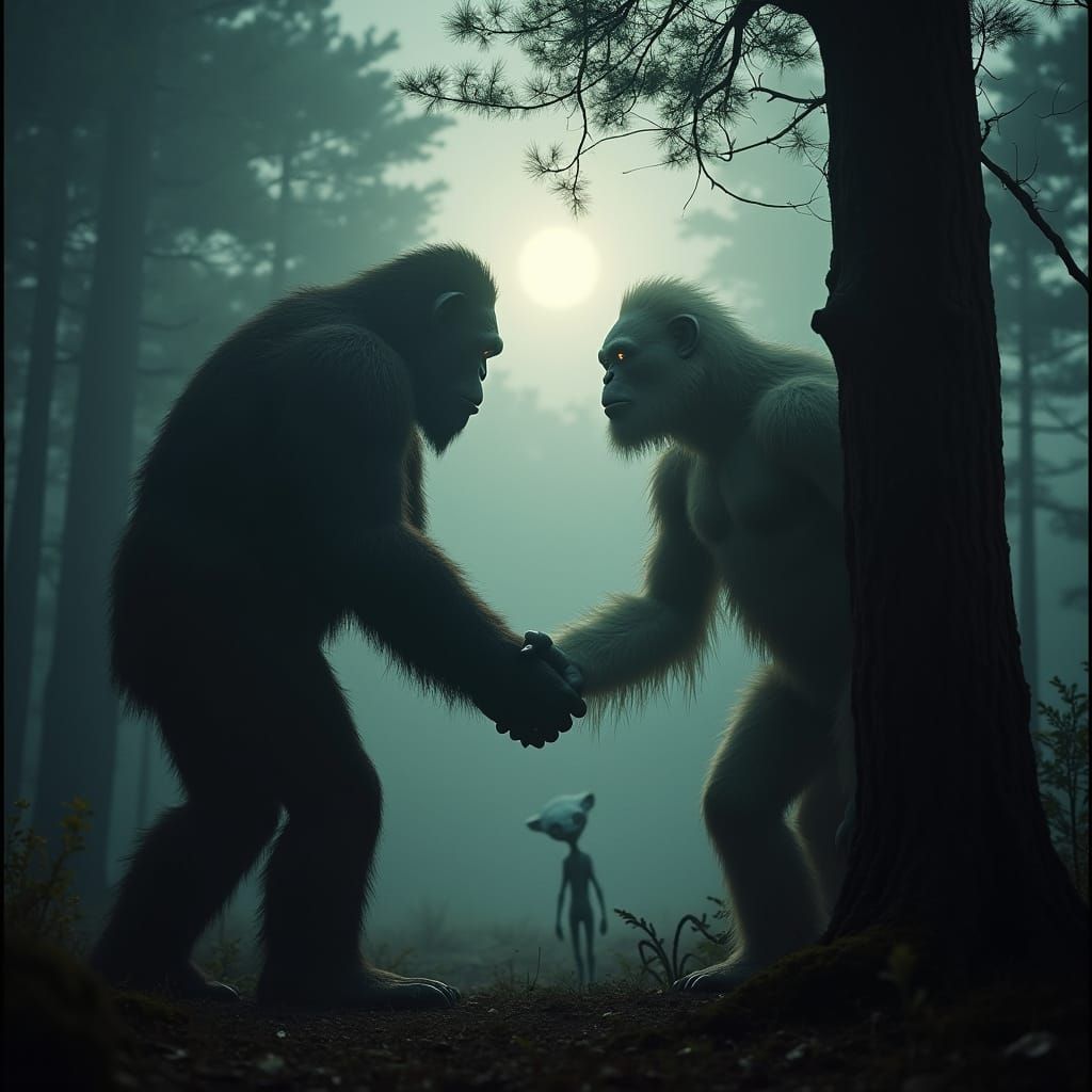 Majestic Creatures Shake Hands Amidst Moonlit Woods, Alien W...