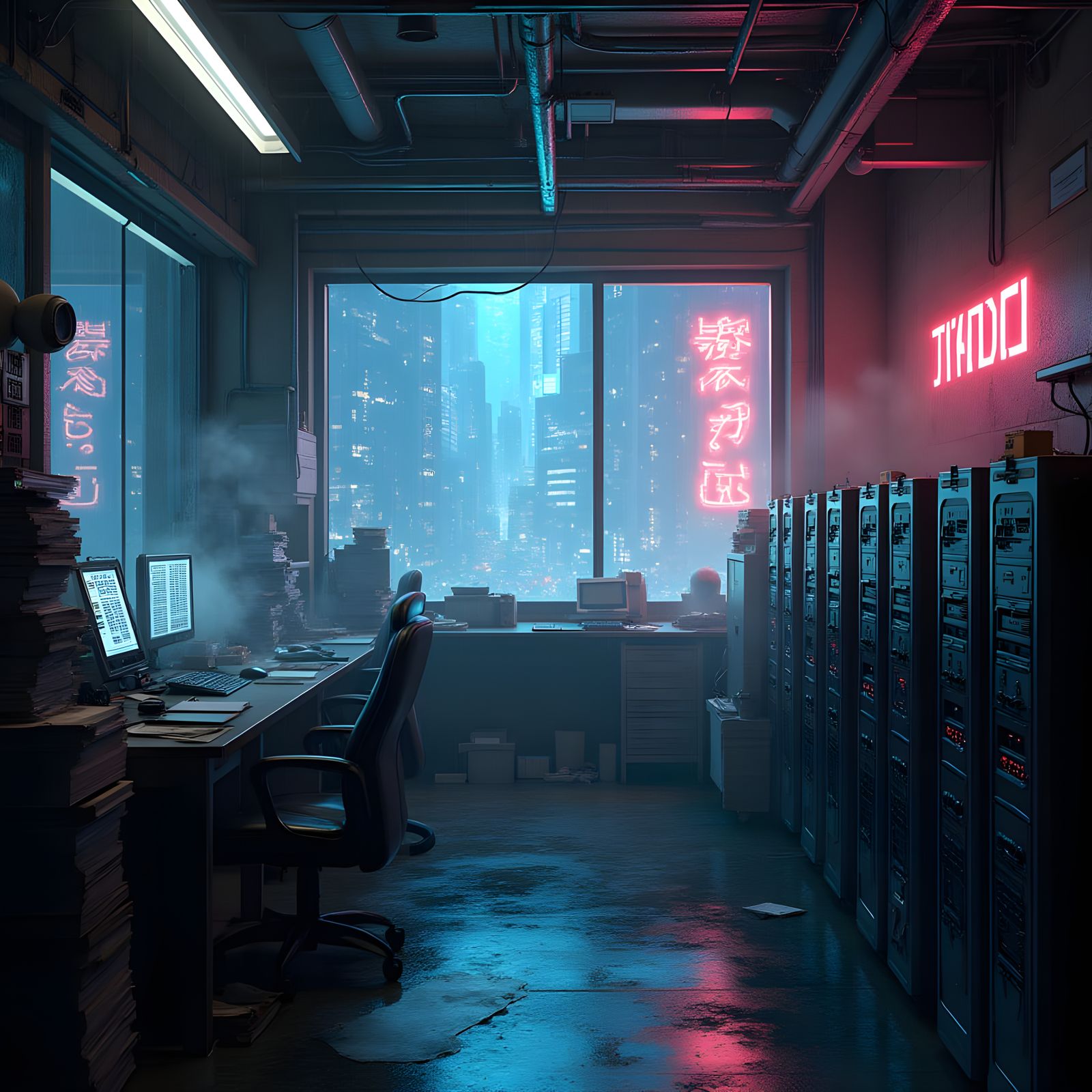 Cyberpunk Office Oasis in a Futuristic Dystopia