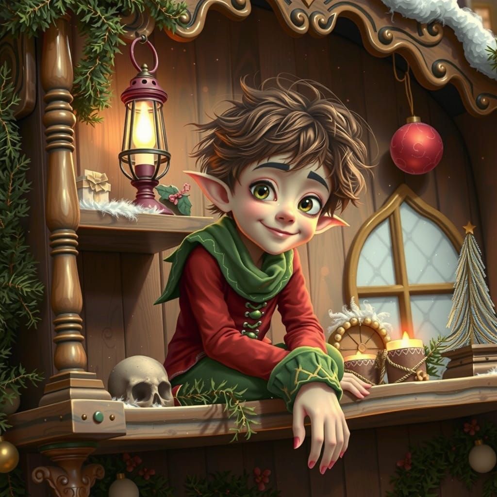 Whimsical Christmas Elf in Arthur Rackham Style