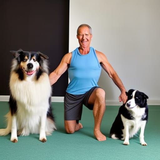 Man Doing Yoga with Border Collies