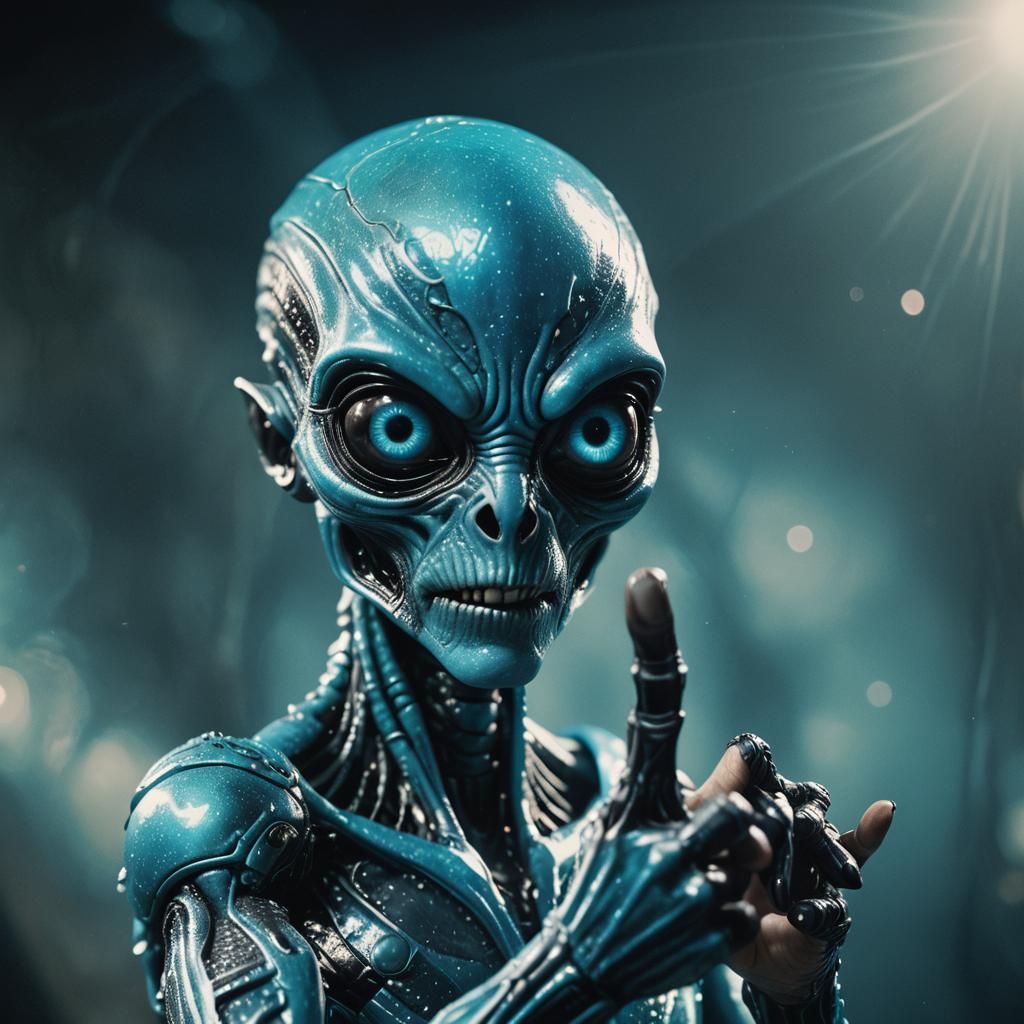 Shimmering Blue Alien Points at Camera: Film Still