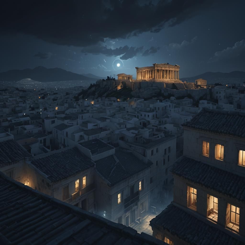 Rainy Night Over Ancient Athens, Matte Painting
