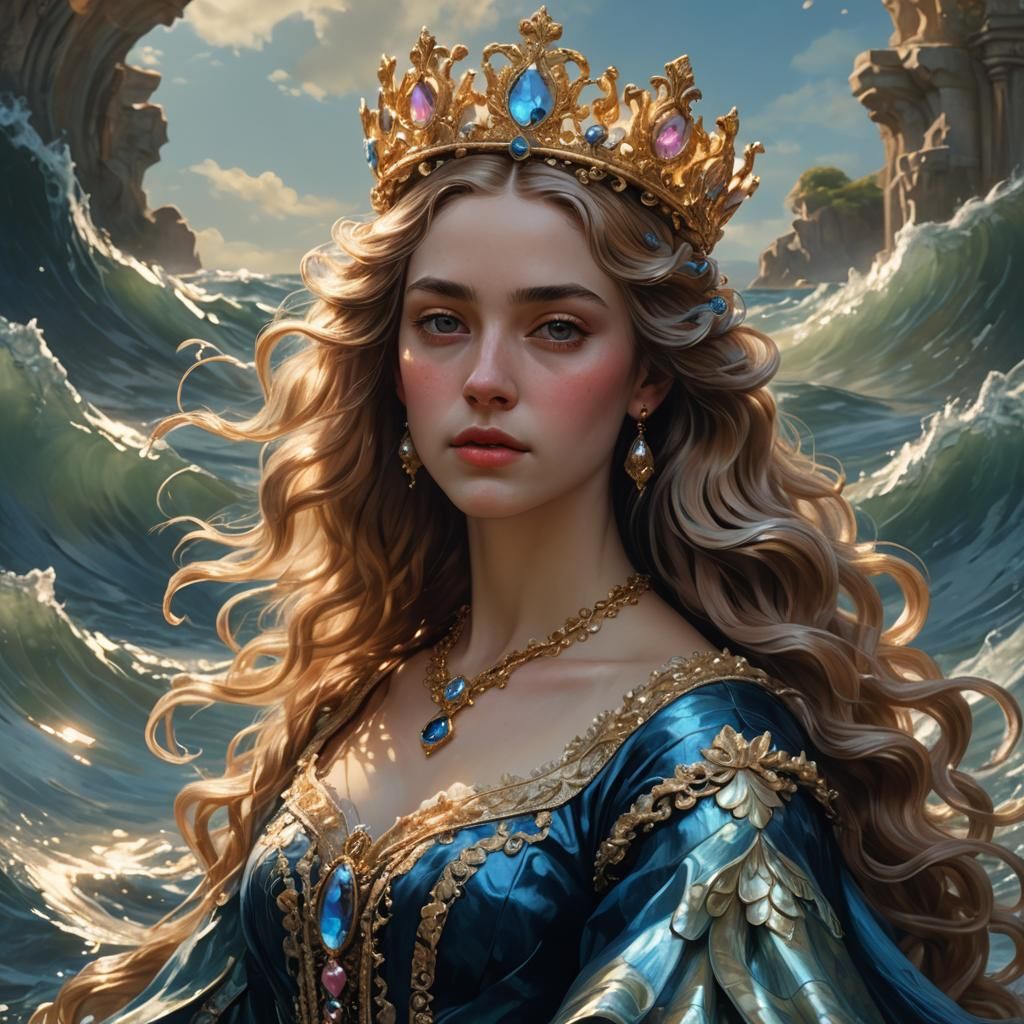 Regal Girl in Cresting Wave, Pre-Raphaelite Style
