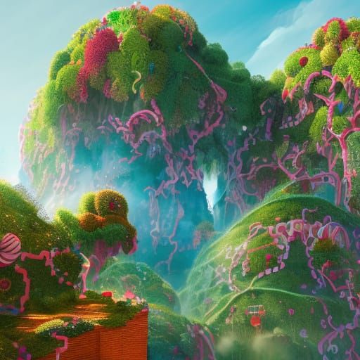 Surreal Candyland Paradise with Towering Gumdrop Trees and G...