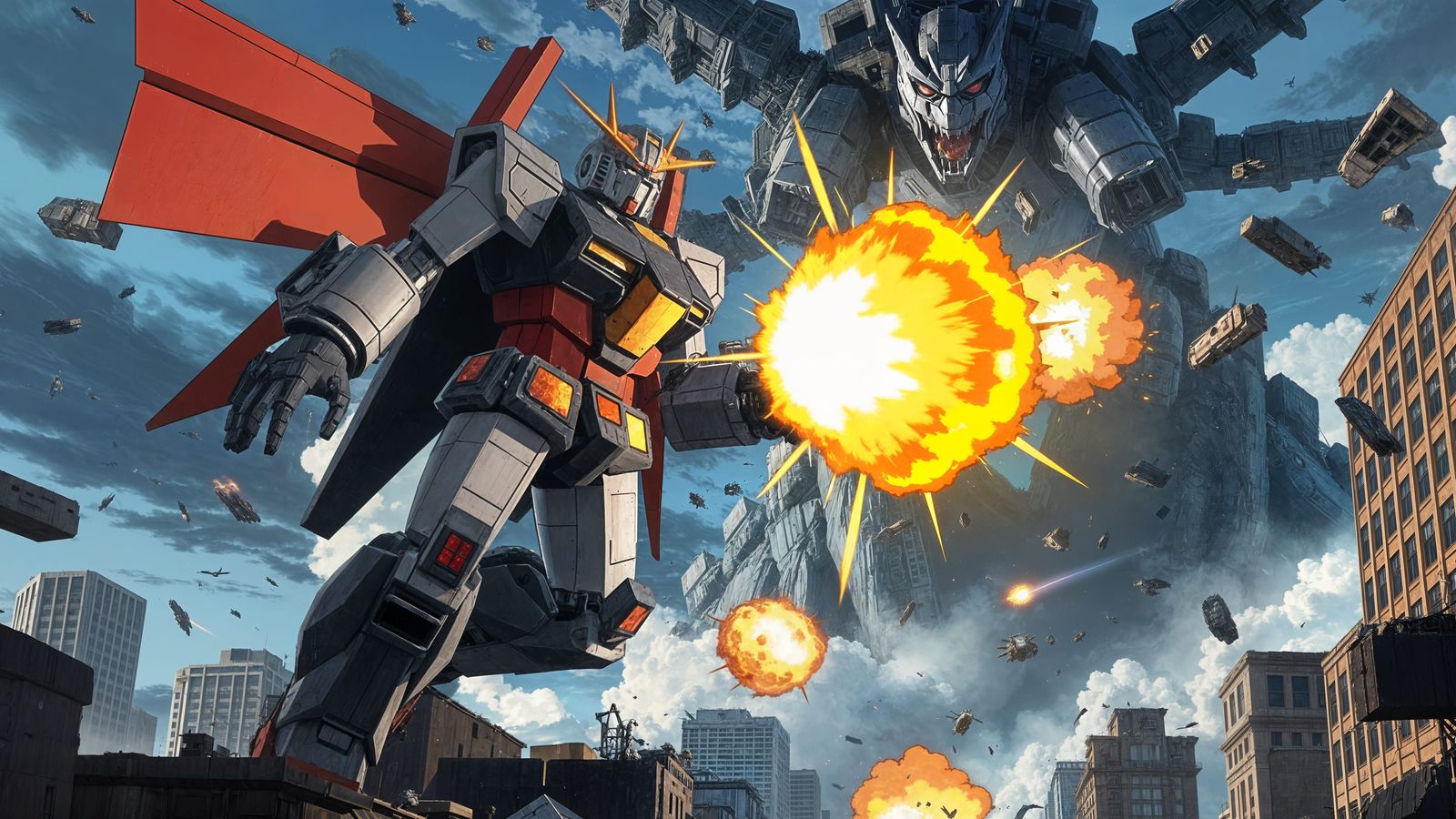 A powerful mecha robot unleashing a devastating beam attack ...