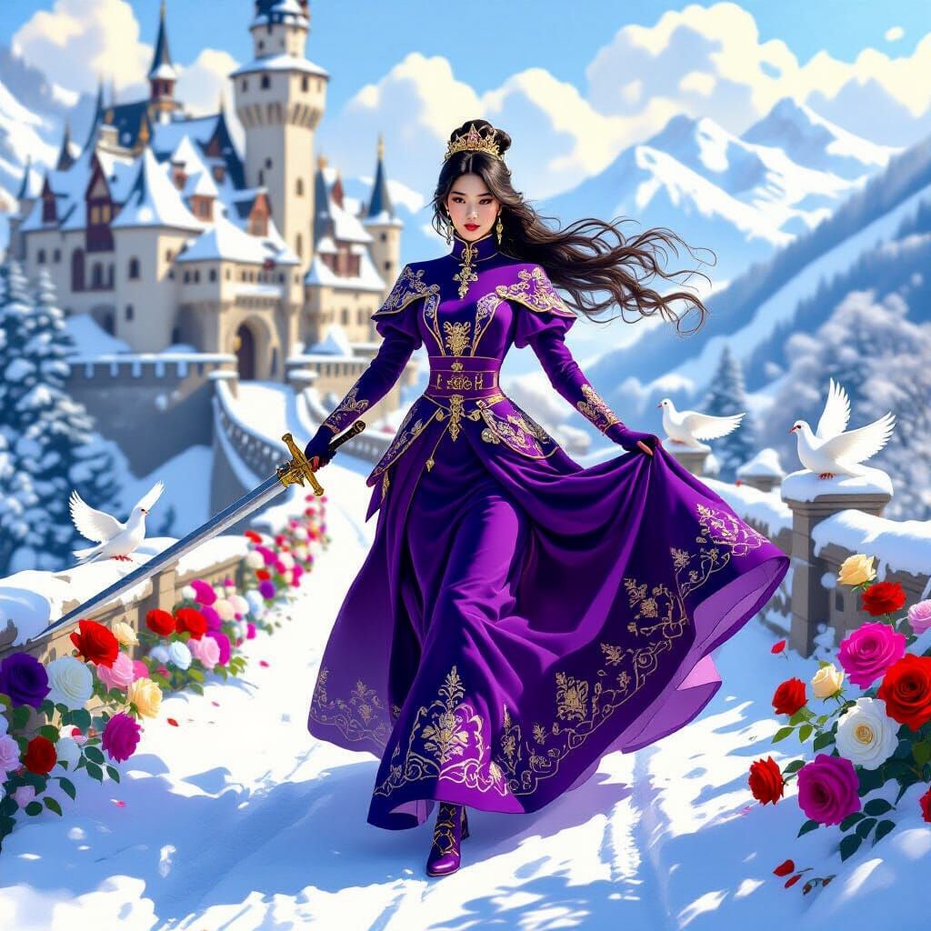 Asian Queen with Sword in Winter Landscape