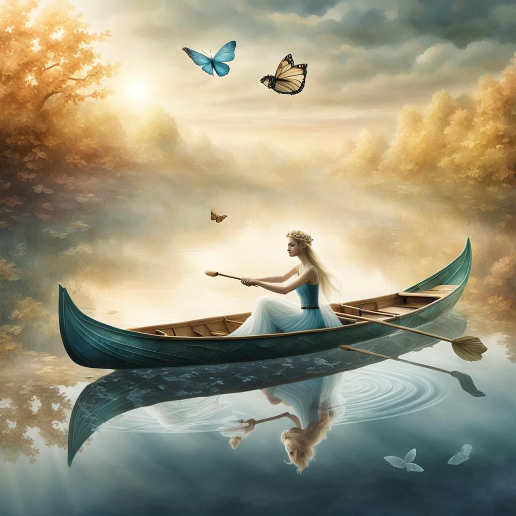 Fairy in Leaf Boat on Serene Lake: Digital Art