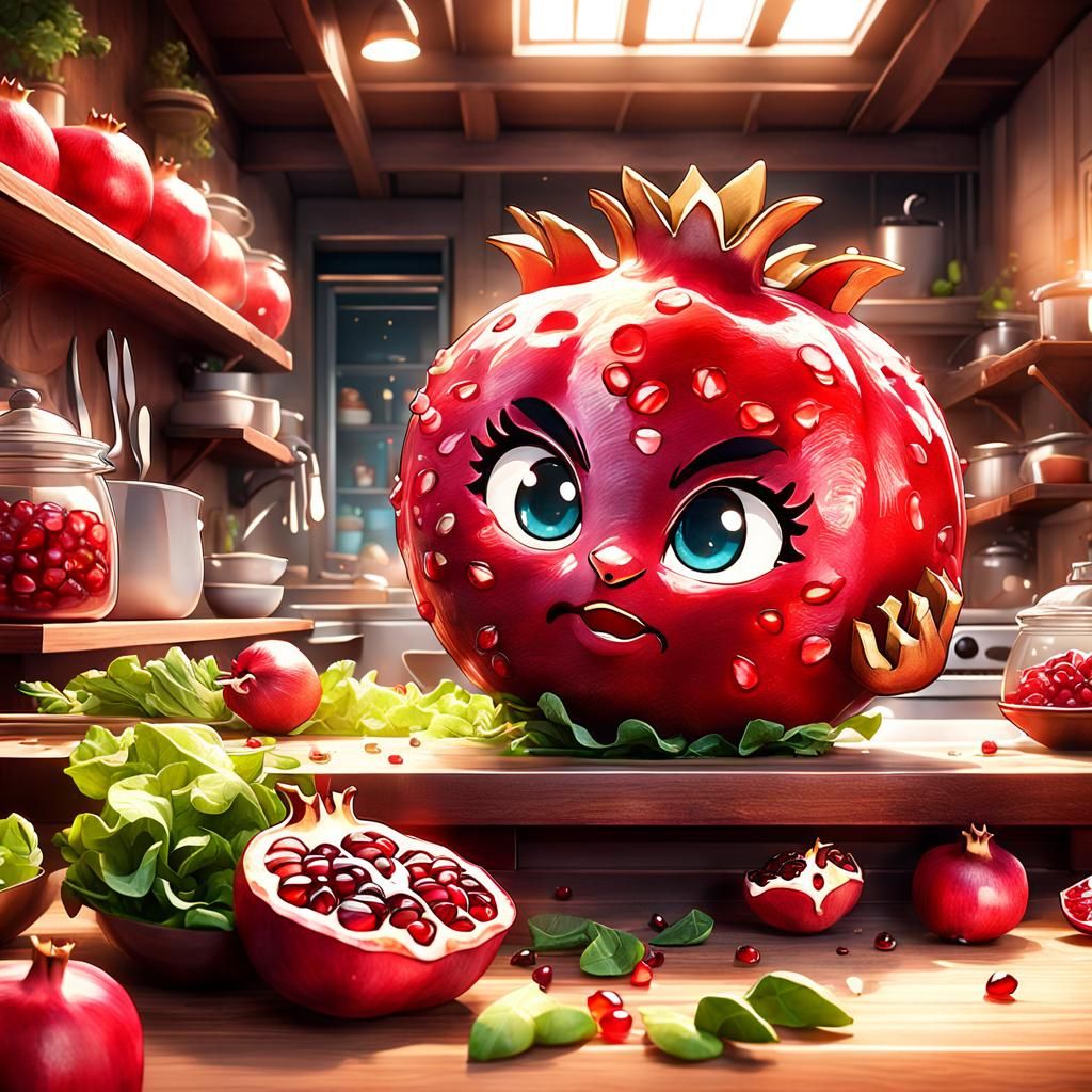 Adorable Chibi Pomegranate in Kitchen: Digital Painting