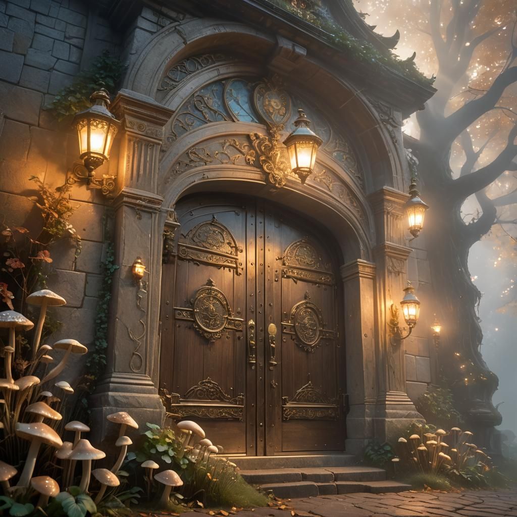 Ethereal Door in Misty Realm with Glowing Lanterns