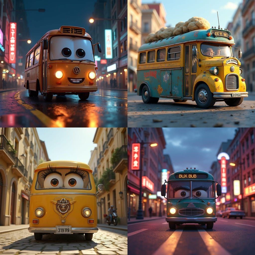 Playful Bus with Eyelashes on Headlights