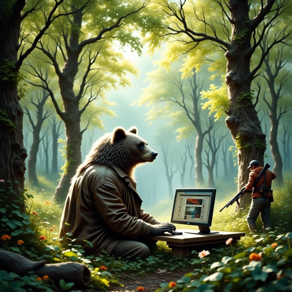 Bear in Cyberpunk Forest Glade