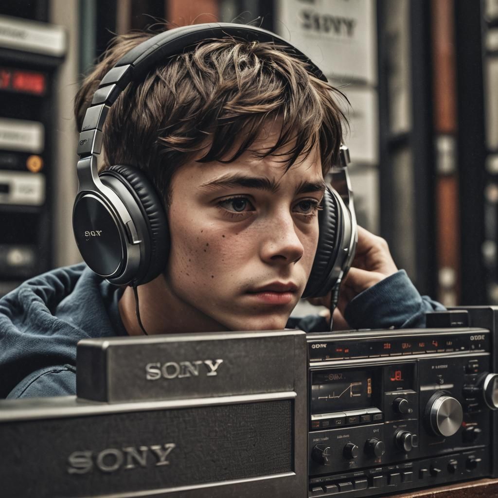 Boy Listens to Music on Sony Radio