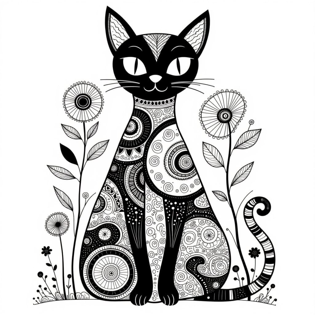 Stylized Black Cat in Intricate Line Art