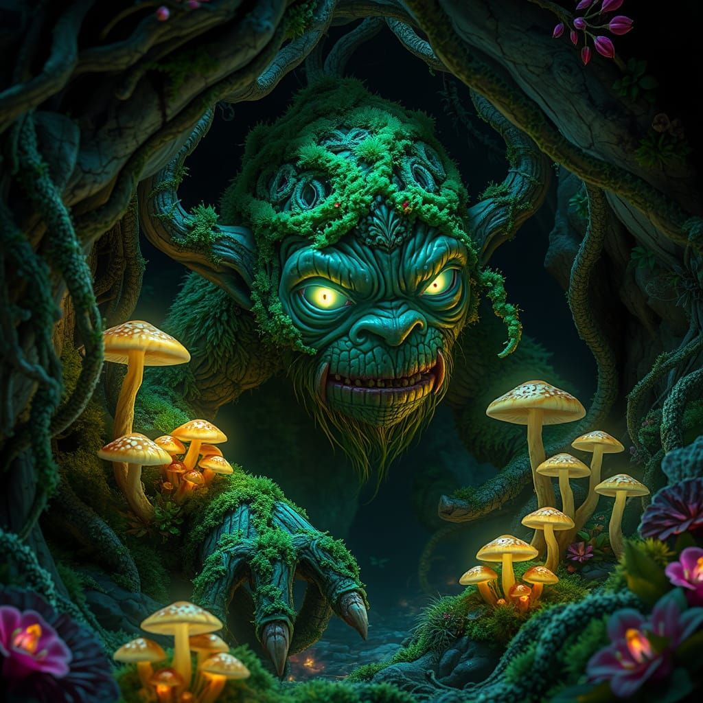 Moss Troll Emerges from Bioluminescent Grotto