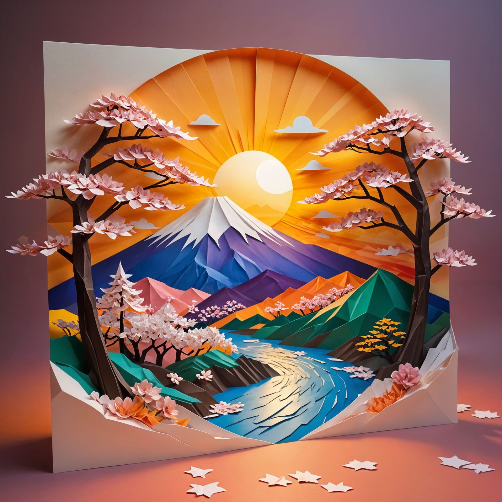 3D Kirigami Mount Fuji Sunset with Sakura Trees