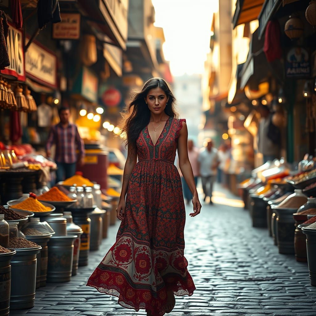 Vibrant Marketplace Scene with a Middle Eastern Woman