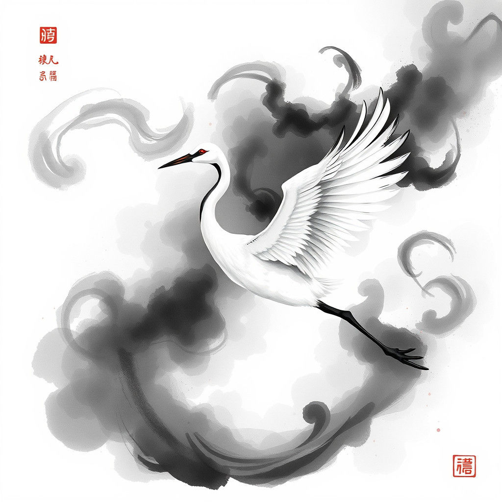 Majestic Crane in Ink Mist: Chinese Watercolor Style