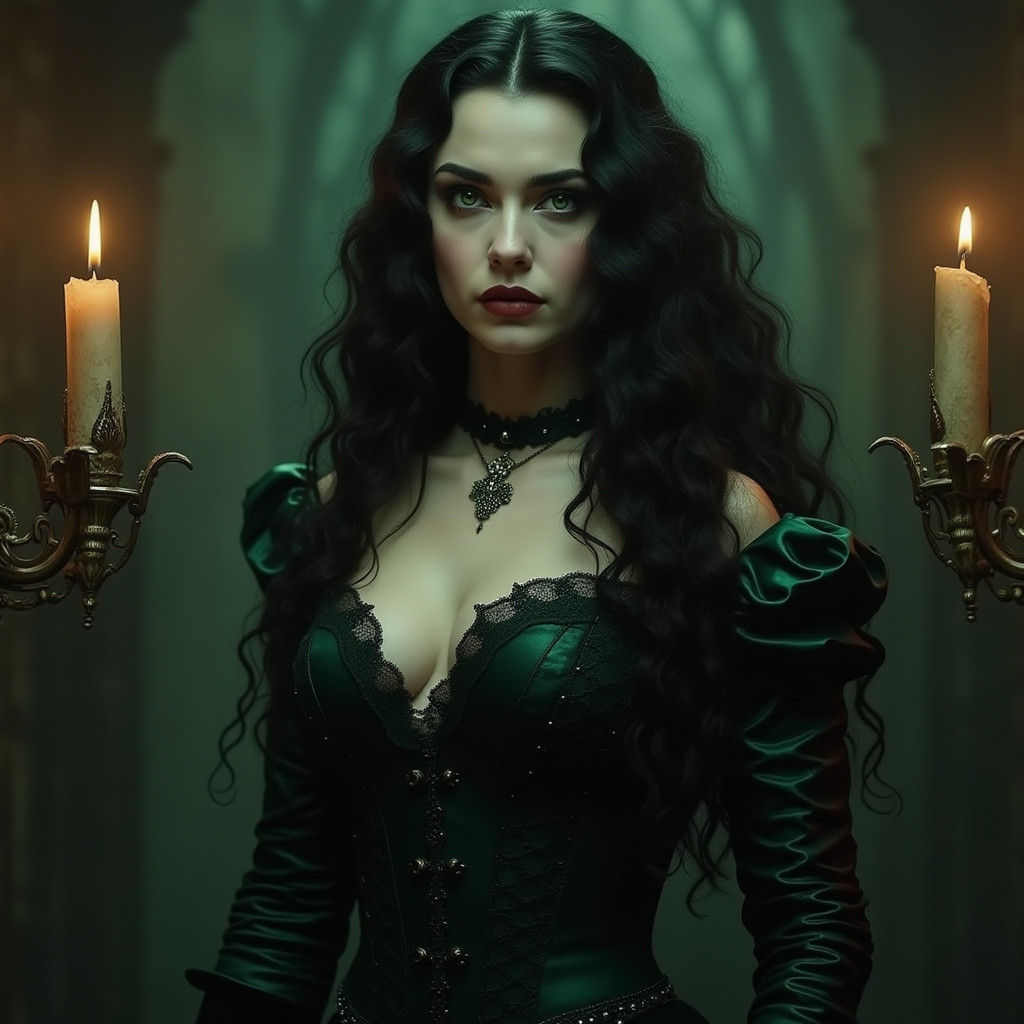 Alluring Vampiress in Victorian Gown with Emerald Eyes