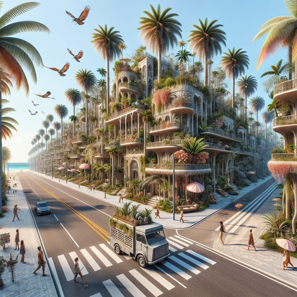 Whimsical Tropical Scene with Palm Trees in 8k