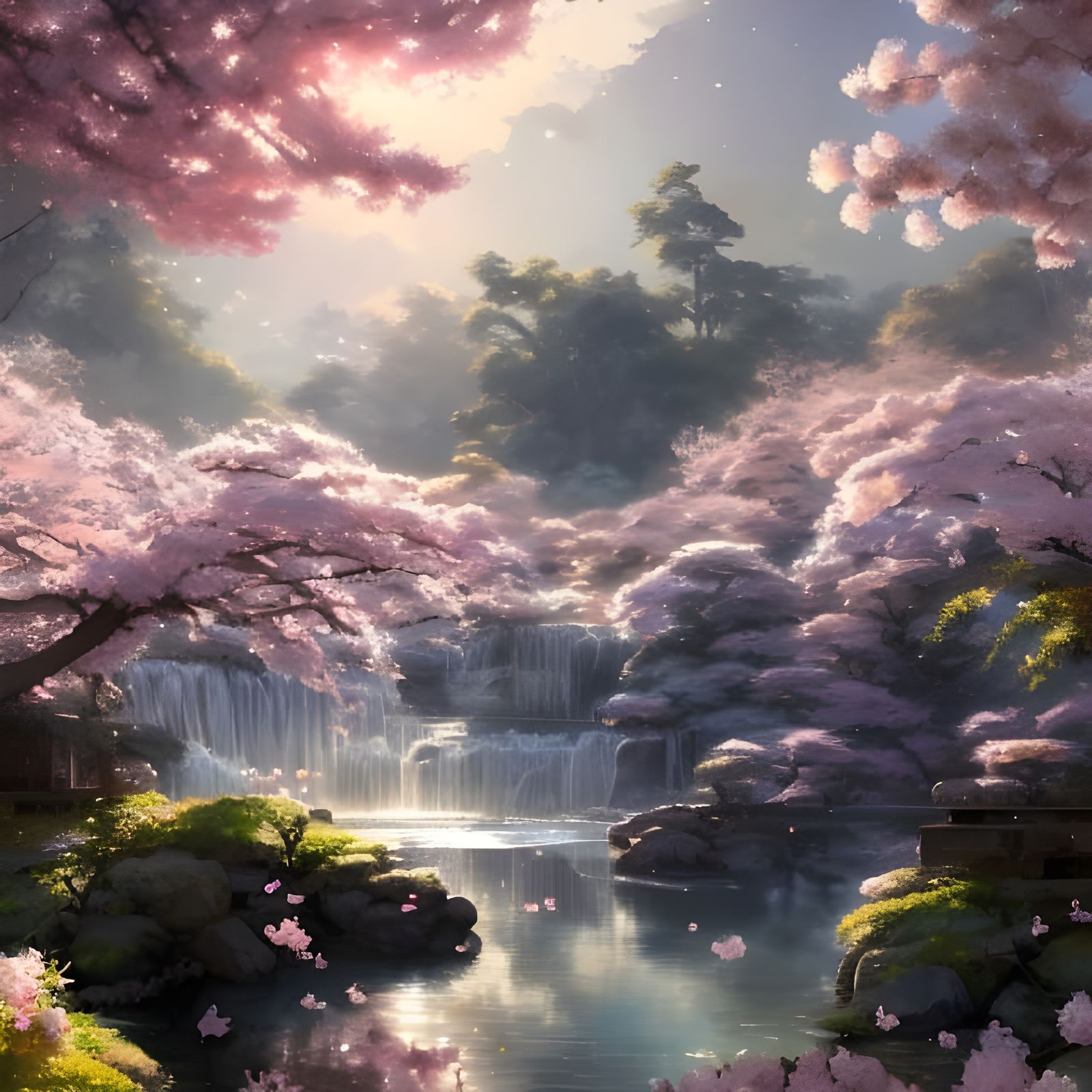 Japanese Garden with Cherry Blossoms at Golden Hour