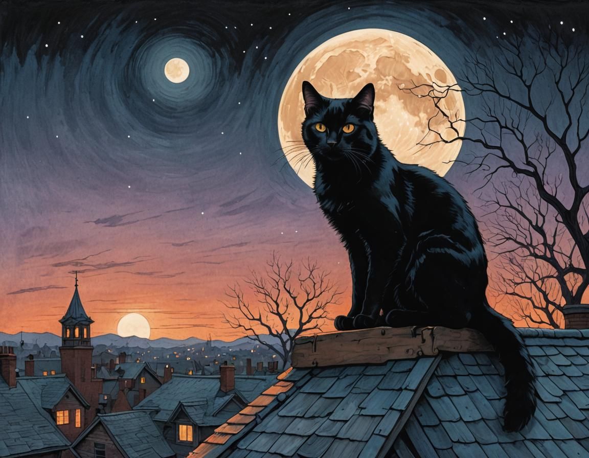 Black Cat Silhouette Against Full Moon, Detailed Matte Paint...