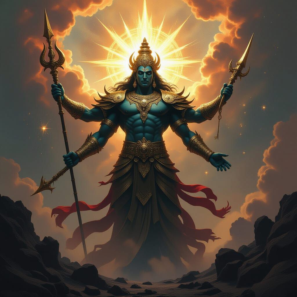 Cosmic Deity Radiating Golden Light in Cinematic Style