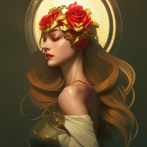 Red and Gold Rose Portrait in Art Nouveau Style