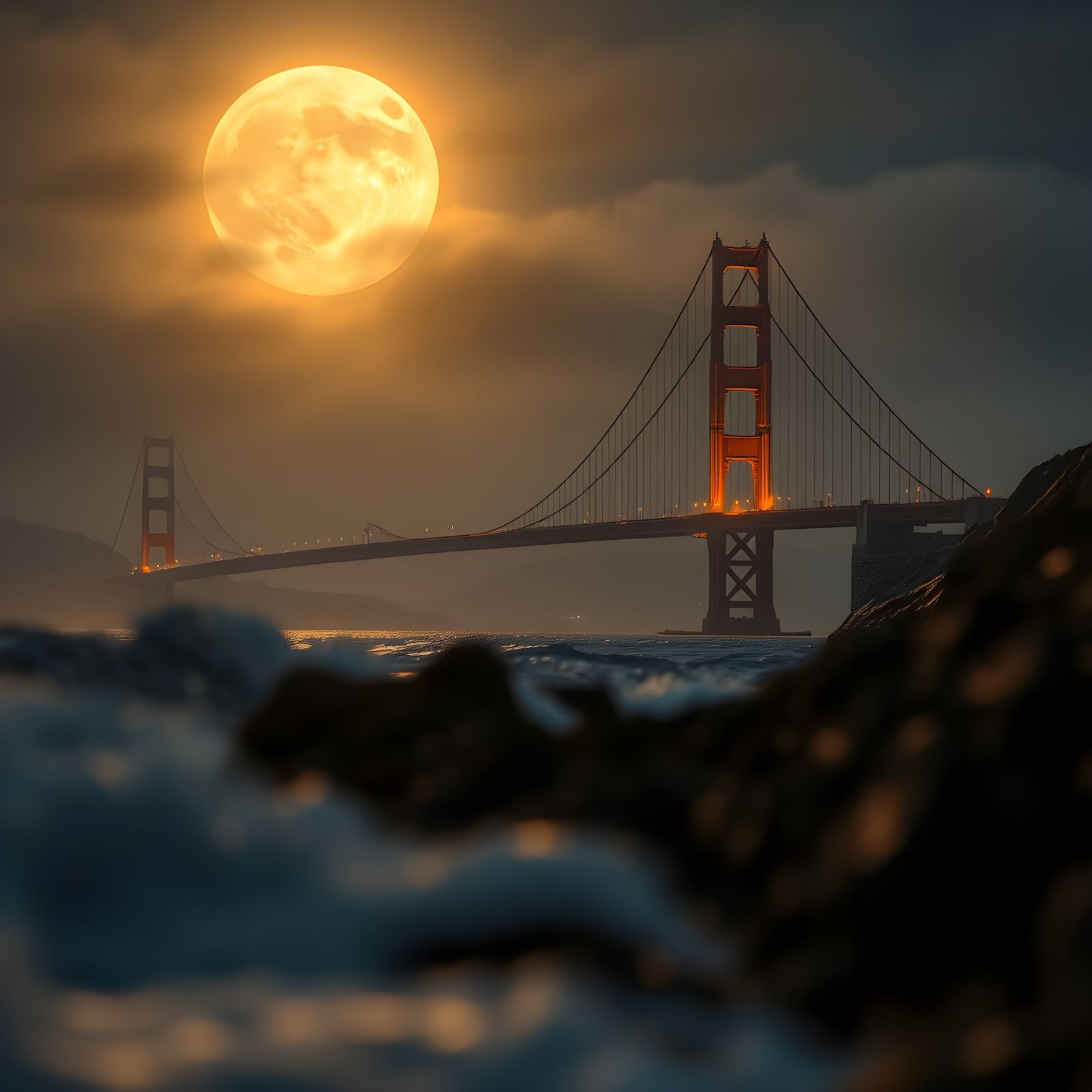 Dramatic Golden Gate Bridge Under the Full Moon