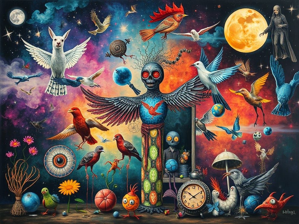 Mysterious Collage of Magical Beings and Birds