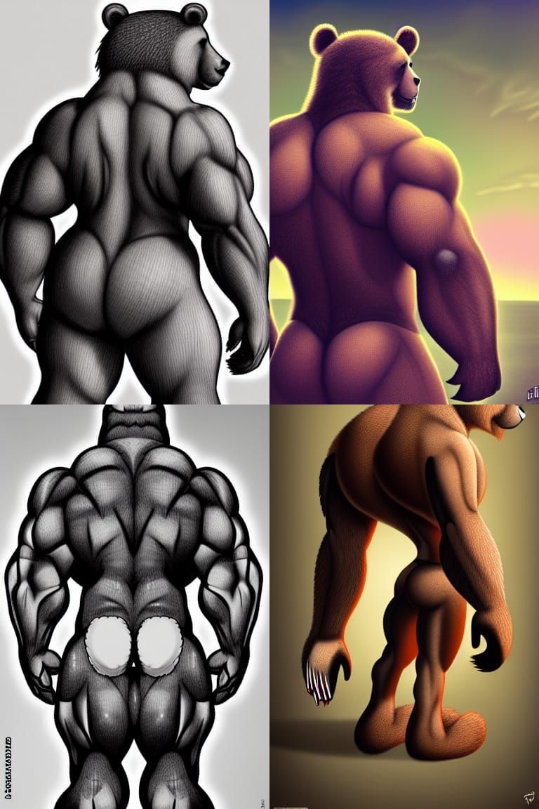 Muscular Anthropomorphic Bear Rear View Digital Painting