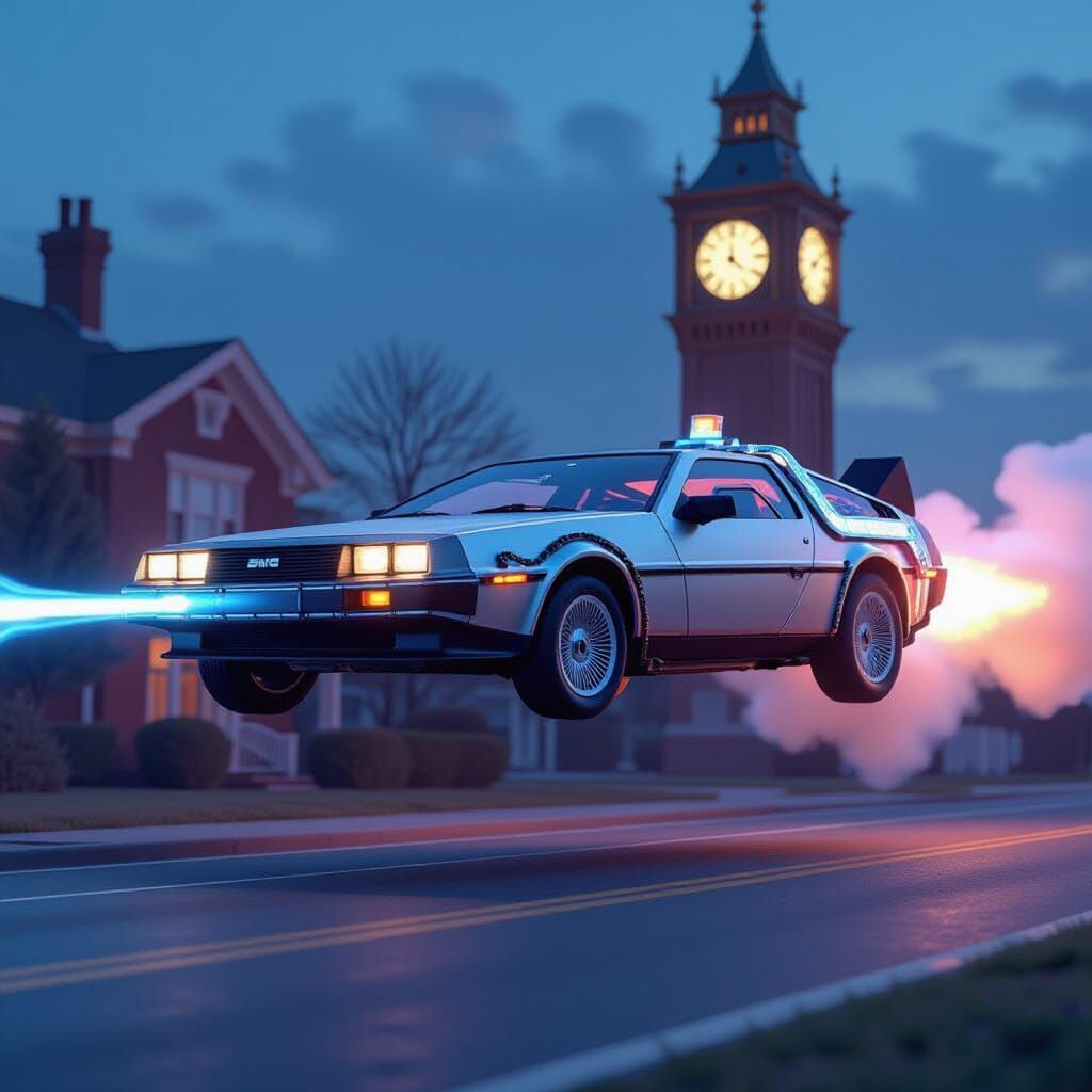 DeLorean Time Machine in Flight at Dusk