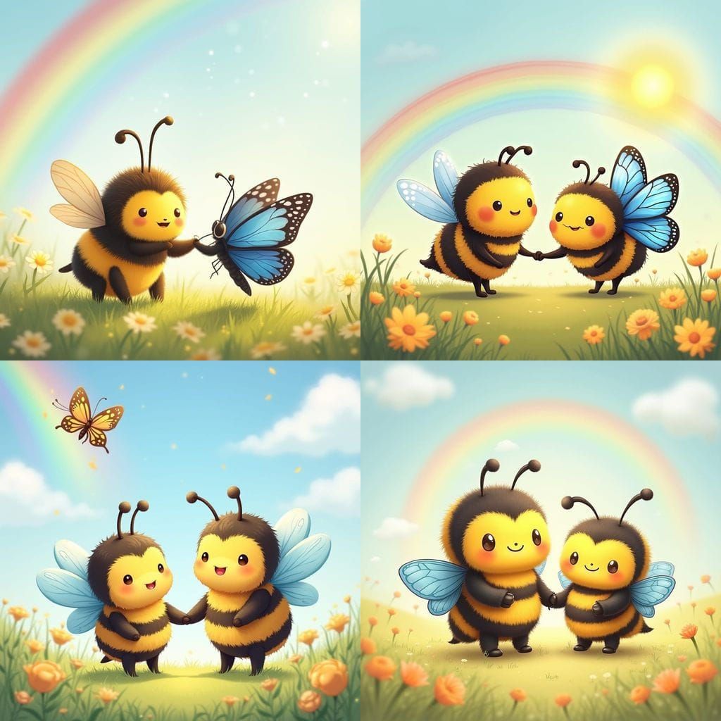 Chibi Bee and Butterfly Friends Under a Rainbow