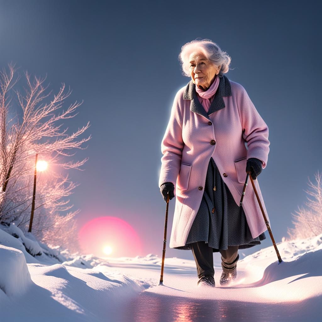 Old Woman Walking in Winter Snow with Pink Sunlight