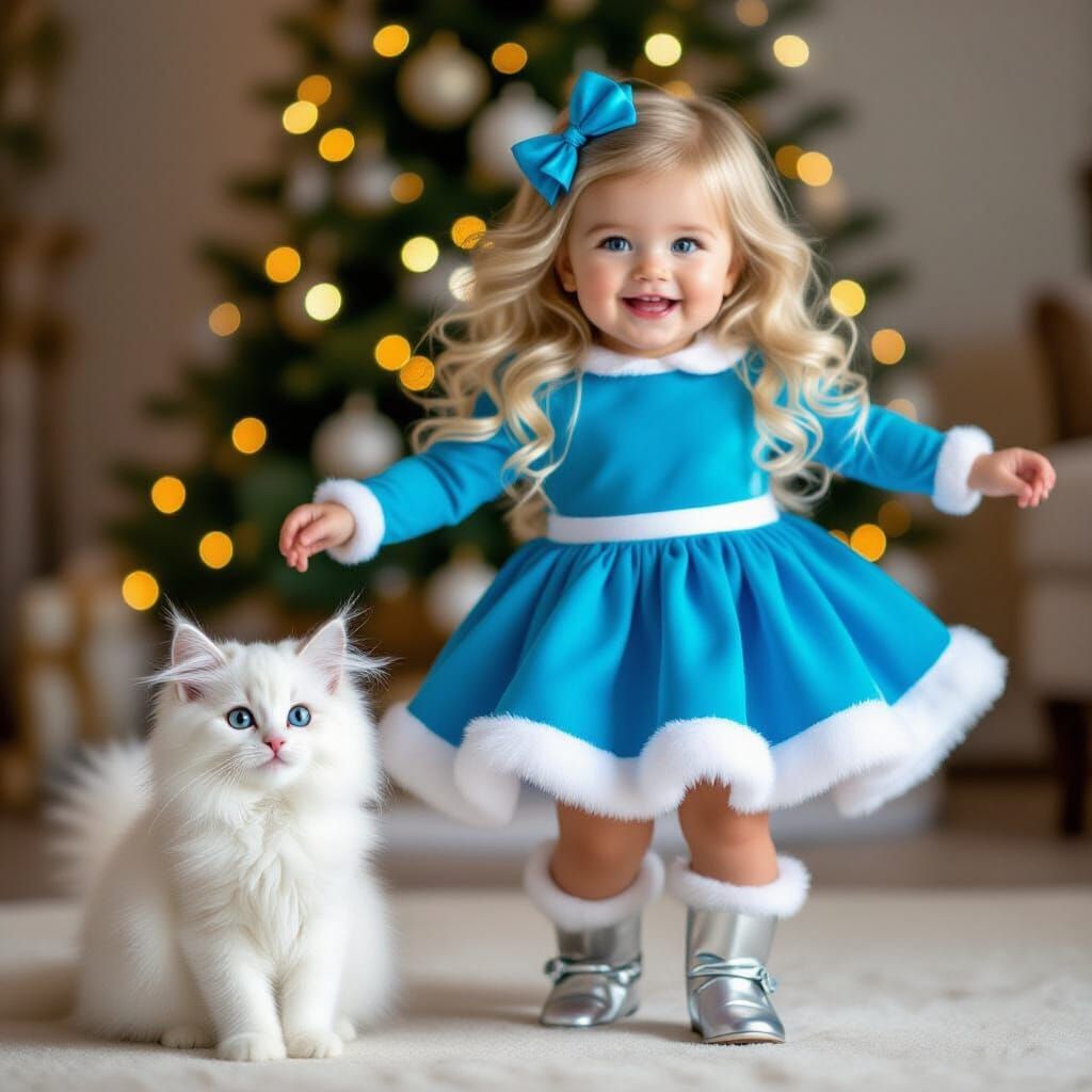 Joyful Baby Girl Dancing with Kitten in Oil Painting Style