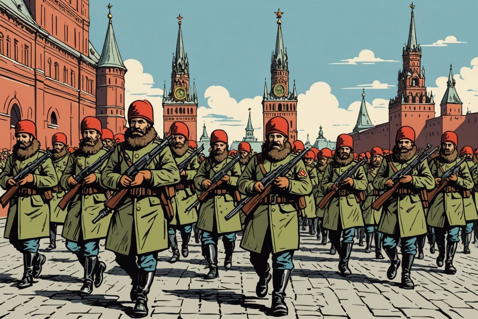 Dog-Headed Soviet Soldiers Parade in Grotesque Comic Style
