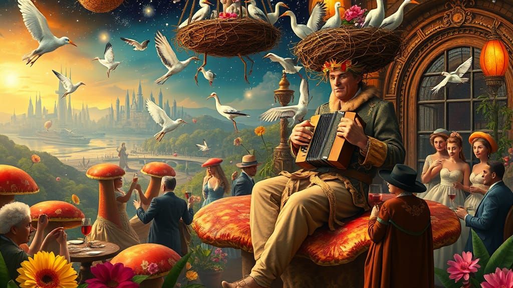 Surreal Galaxy Cafe with Accordionist and Storks