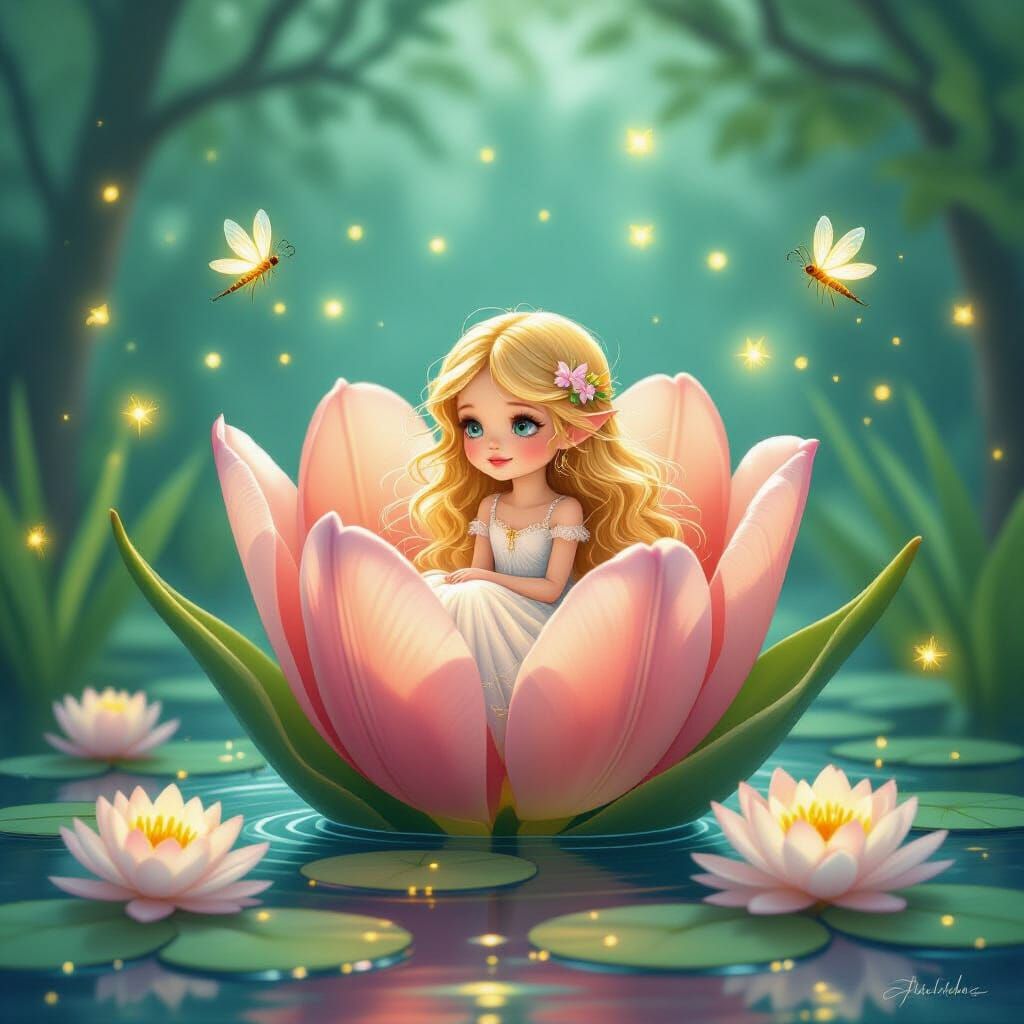 Tiny Girl in Tulip, Fairytale Scene with Fireflies