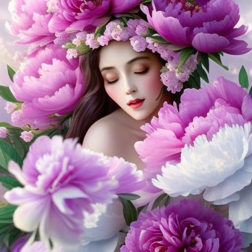 A beautiful peony flower fairy in an enchanted garden : soft pink peonies flowers, rule of thirds head and shoulders por...