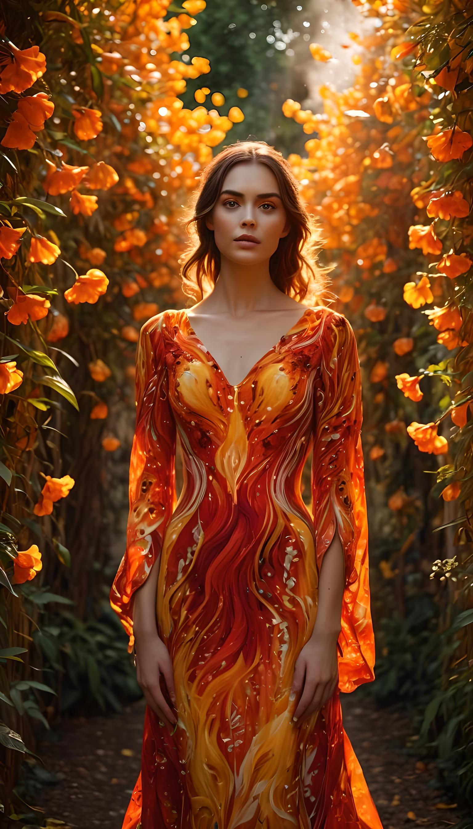 Woman in Fiery Dress in Astral Garden