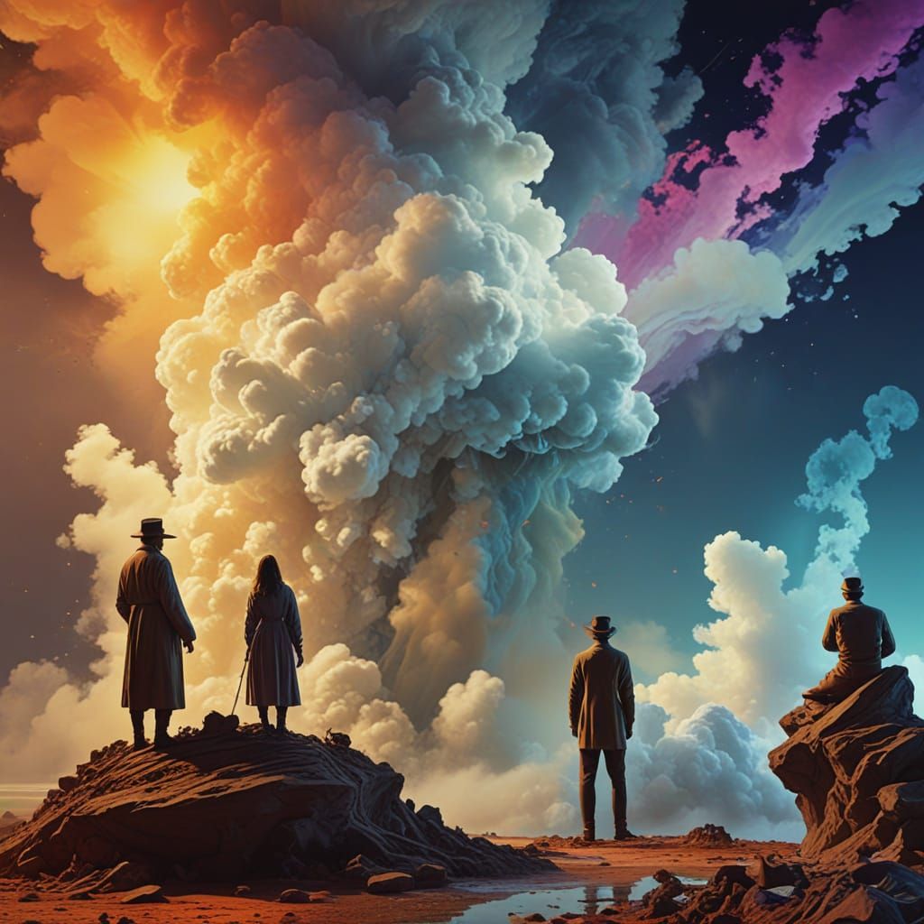 Dreamlike Figures in a Rainbow Haze